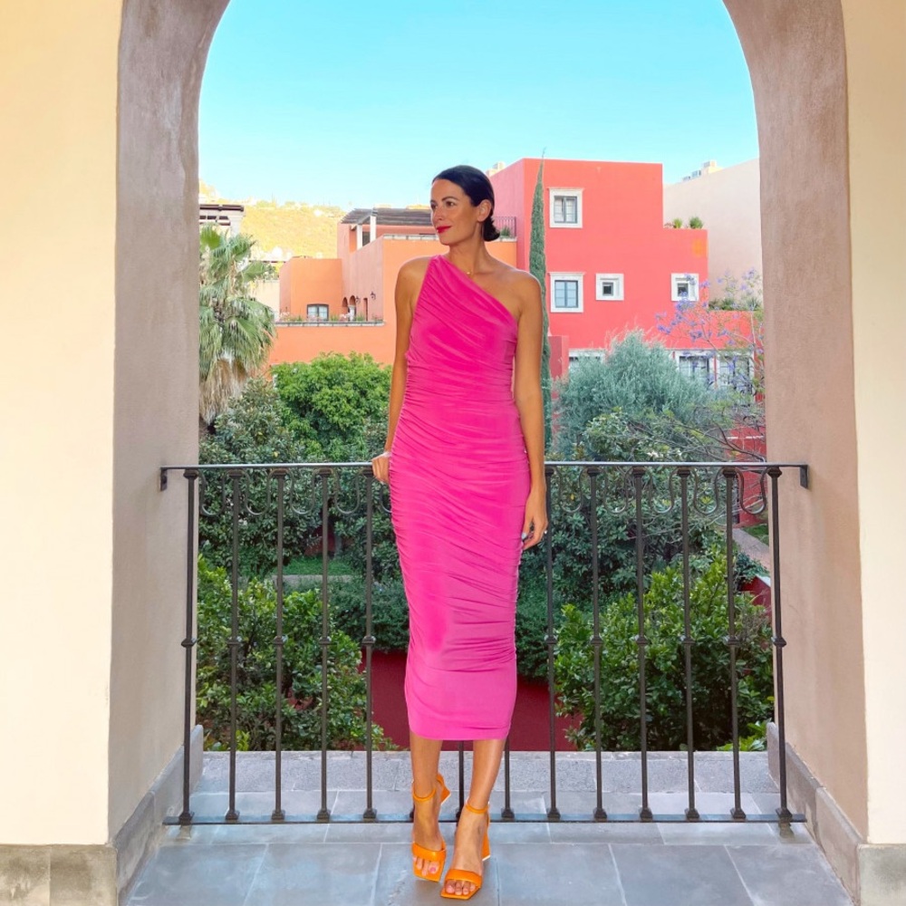 Norma Kamali Hot Pink One-Shoulder Ruched Midi Dress